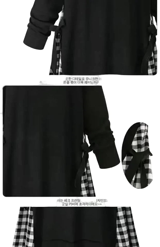 🍒Long sleeve round neck dress plaid a-line outfit midi plus size smart casual women black and white clothes Put On Plaid-attitude