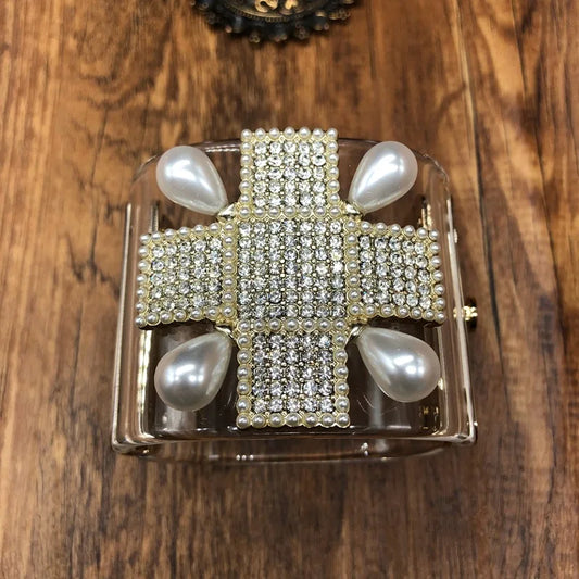 🍒Designer luxury transparent zircon pearl bangles for women retro high-quality cross women's rhinestone bracelet Dont Be Cross If You Miss Out On This Pearl