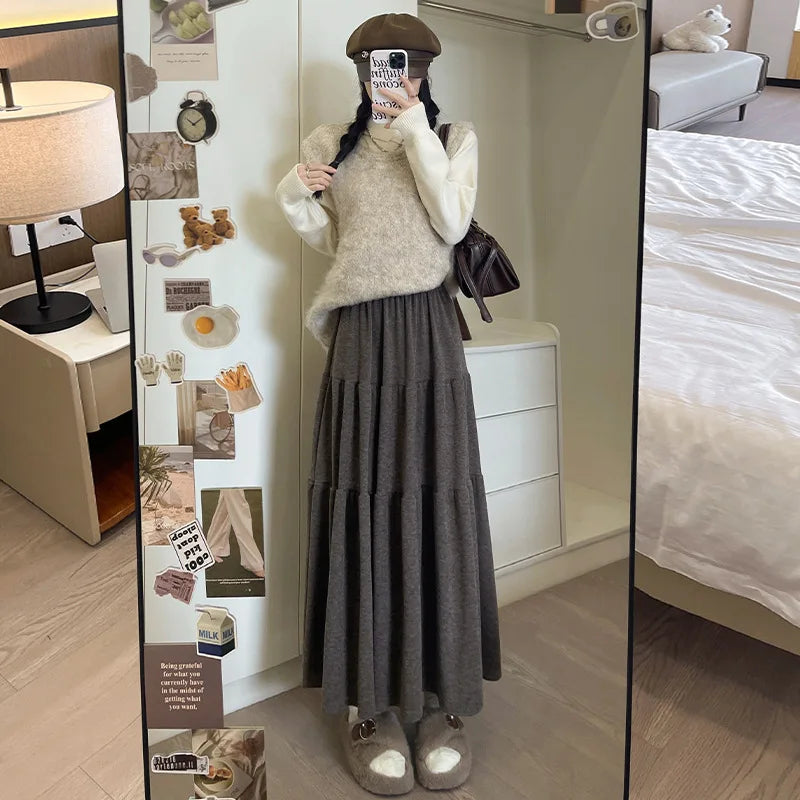 🍒Women's knitted skirts high waisted long loose soft a-line fashion tiered midi skirt outfit casual preppy style clothing Ease Into Jersey