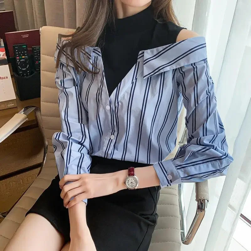 🍒Fake two piece shirt cotton blouse for women off shoulder top cool blue stripe shirt Woman Particular Trends Youth
