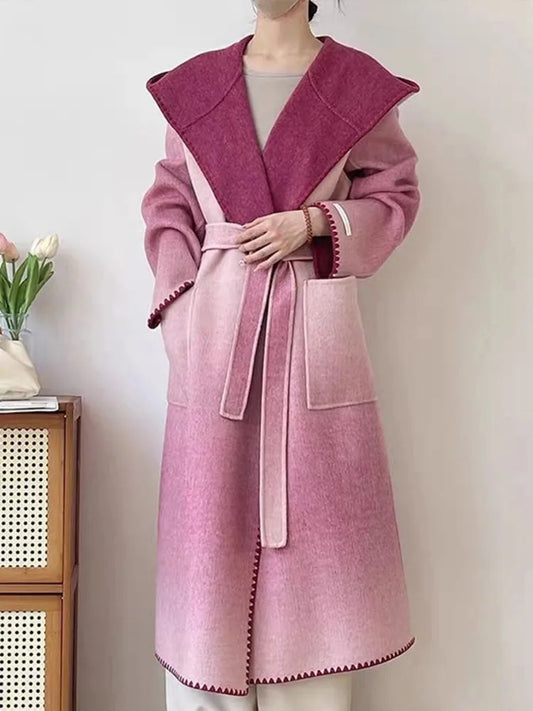 🍒Pink wool mix coat with hood and belt stylish winter overcoat colourful modern fashion coat smart casual outerwear women Look Candy In Floss Wool