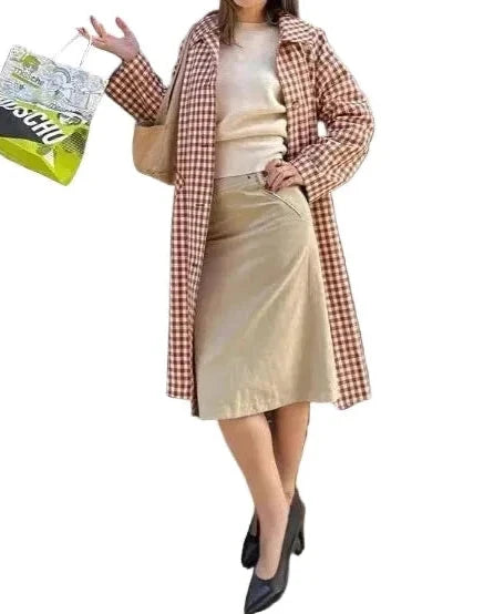 🍒Women plaid long coat check long sleeve fashion chic lapel single brested jacket loose with pockets daily commuter streetwear outerwear Bounce Check