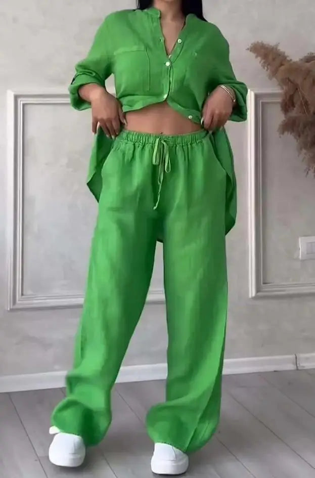 🍒two piece sets casual long sleeve womens shirt with pockets and fashion loose wide leg pants outfit smart casual clothes Ba-sick