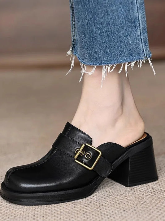 🍒Genuine leather buckle shoe open back mules for ladies smart casual summer footwear commuter thick heel slides