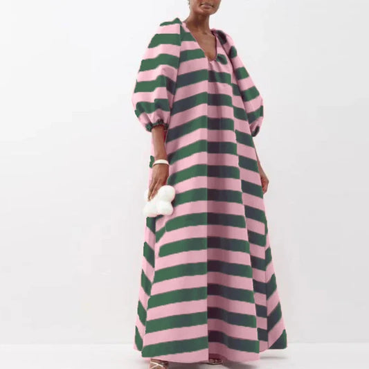 🍒 Striped party dress loose fit maxi swing casual high waist outfit pleated elegant v-neck puff sleeve long dress Puff Up Your Chess In A Stripy Dress