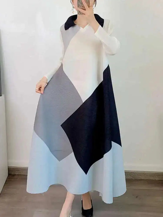 🍒Pleated dress long sleeves colour block outfit midi womens summer loose fashion autumn Clothes smart casual wear Diamond Dress