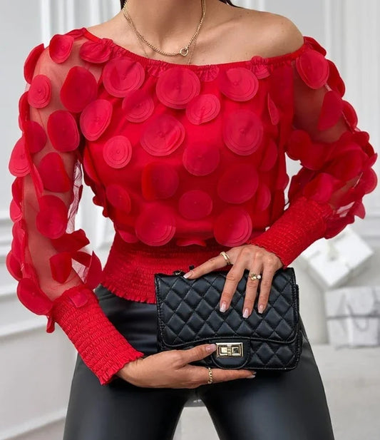 🍒Modern floral tops for women occasion shirred hem t-shirt design mesh patch long sleeve off the shoulder gigot Sleeve bouse Y2k asthetic Hot Spot