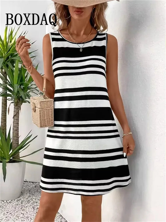 🍒Printed stripe dress summer elegant outfiits women fashion clothing loose sleeveless a-line sundress casual wear plus size ladies