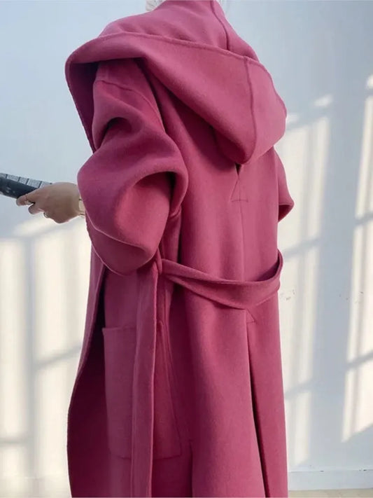 🍒Loose winter coat women solid over coat for women wool hooded coats trendy outerwear oversize vintage female elegant sash and pocket warm street fashion Wrap This Up