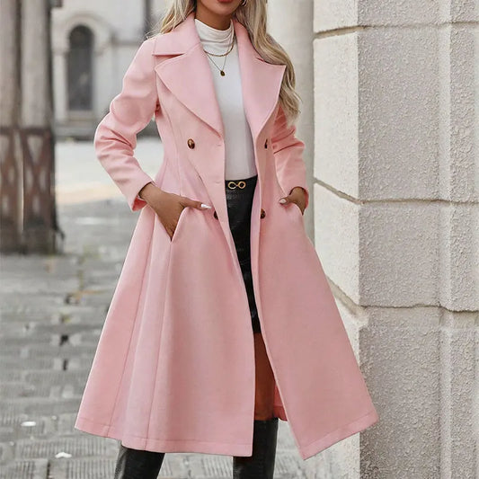 🍒Womens trench winter pink autumn coat fashion lapel collar and button a-line coat for ladies chic outerwear fashion clothing