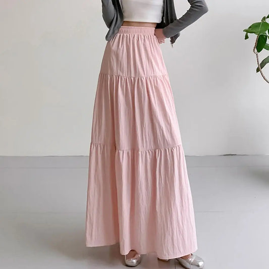 🍒High waist elastic maxi skirt long teired with ruffle stitching solid colour a-Line smart casual fashion for women clothing for all seasons A+ For This A-line