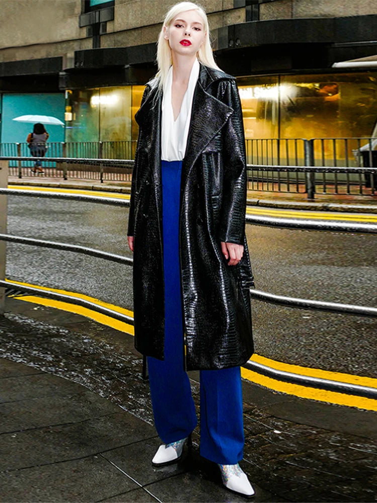 🍒Black crocodile trench coat patent faux leather coat long black for women long sleeve belt fall red leather clothes women