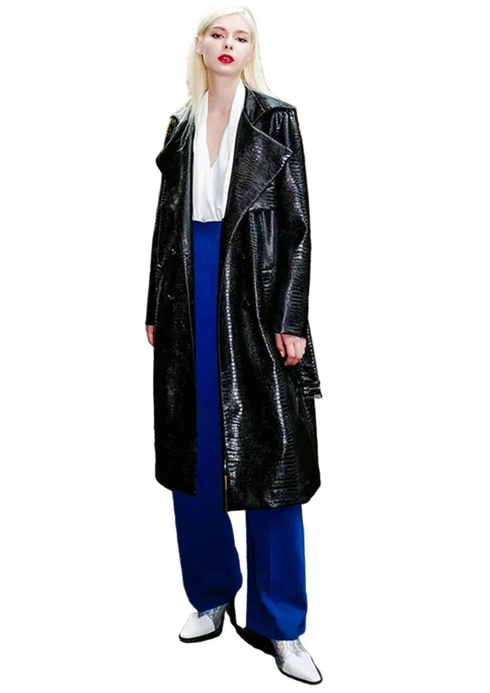 🍒Black crocodile trench coat patent faux leather coat long black for women long sleeve belt fall red leather clothes women