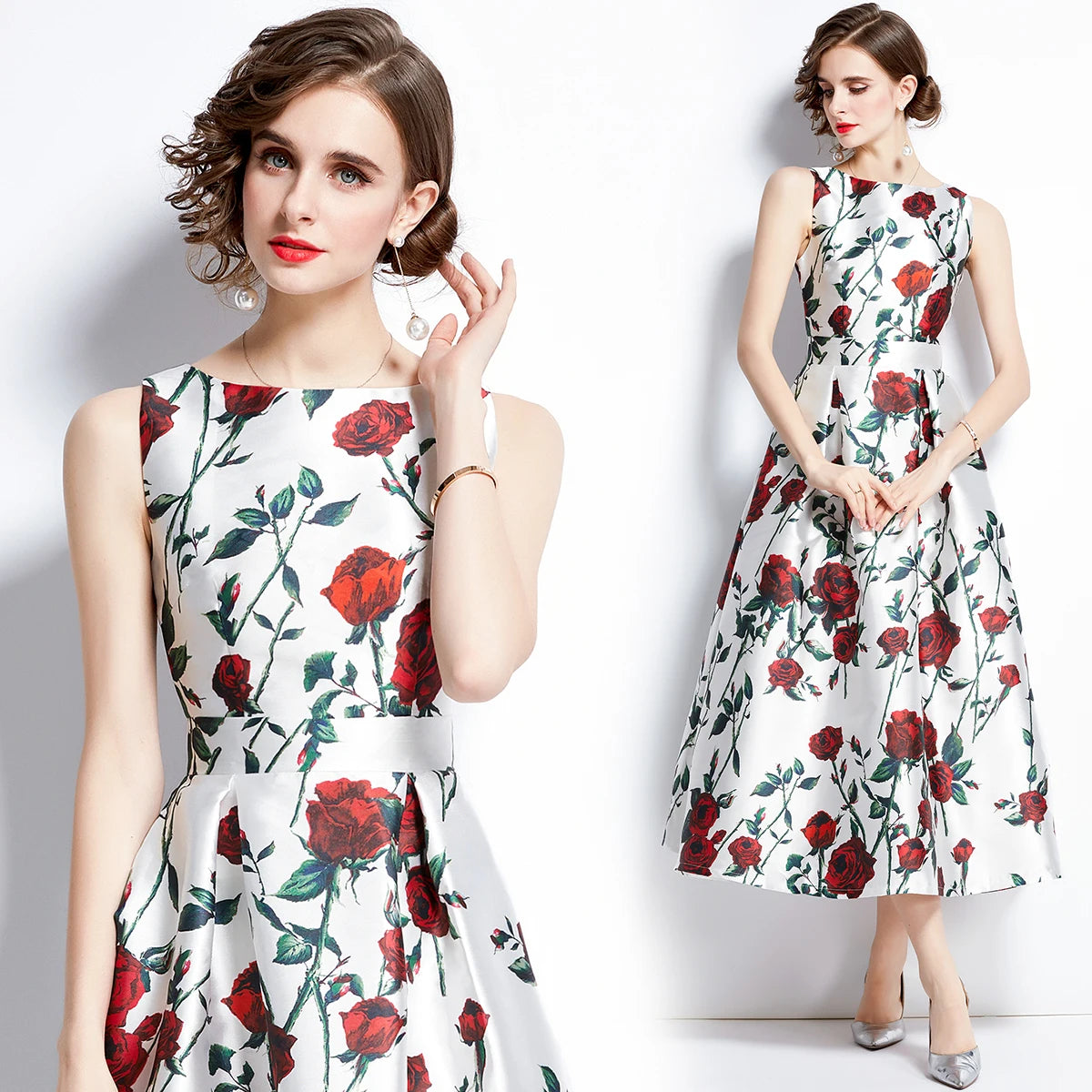 🍒Designer fashion dress floral print clothing vintage a line party wear outfit for women birthday dinner retro runway occasion wear make ARRANGEMENTs for these FLOWERs