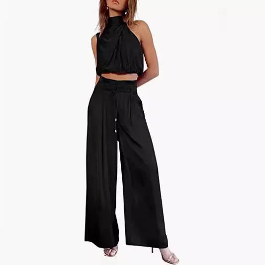🍒Two piece pant sets for women open navel outfit silky sleeveless tops and wide leg trousers smart casual clothing summer fashion wear club wear party occasion wear 2 piece Sets pop this CROP and get SET for WIDE approval
