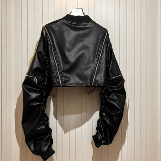 🍒pu cold shoulder leather jacket Y2K asthetic streetwear outerwear loose fashion women solid fashion female crop coat Keep Snug In A Cold Shoulder Coat