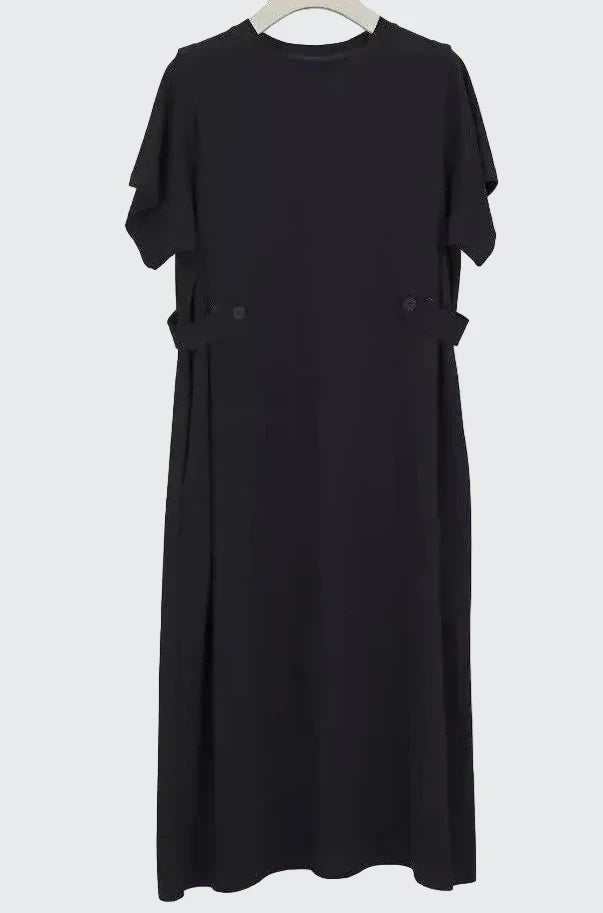 🍒Relaxed fit women’s dress with side pockets lazy style short sleeve outfit for summer loose slimming round neck dress with pockets and button waist tabs a-line plus size fashion Longline Loosy Love