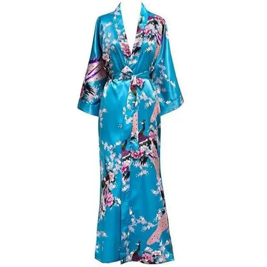 🍒Satin robe women plus size with flowers peacock print kimono lounge gowns for women bride bridesmaid wedding bathrobe silky nighrwear Sittin' Satin Style
