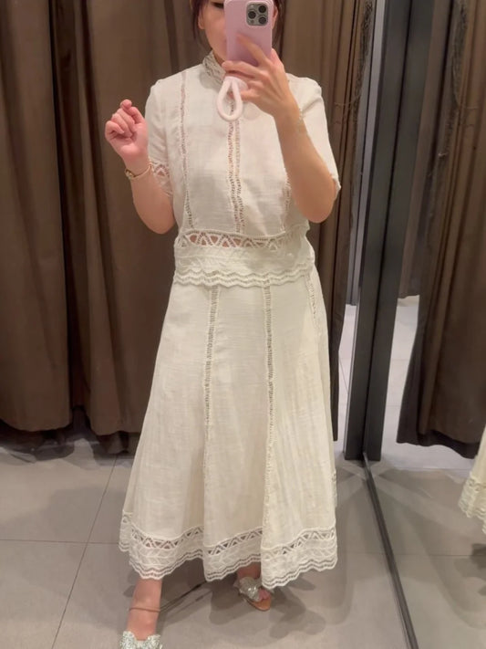 🍒Crochet top round neck design short sleeve smart casual women and matching white midi a- line skirt with side zipper suit The White Summer