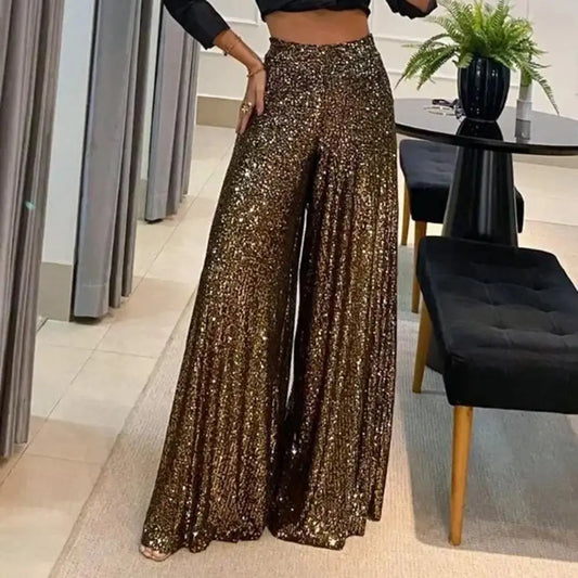 🍒High waist elastic wide leg pants full length womens pants for night club with sequins Loose occasion party weat They Will Take A ComPLETEly WIDE Birth To Appreciate This