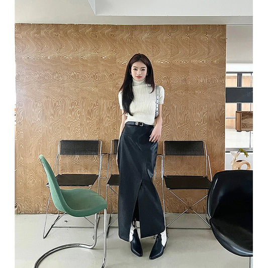 🍒Vintage faux leather skirt for women high waisted black maxi skirt with slits Y2K fashion split slim a-line Dont Slip Up On Style Get This Split Slim Slick