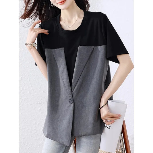 🍒Fake two-piece t-shirt short-sleeved tee womens oversized summer t-shirt high-end design blazer tops Jacket A T-Shirt Jacket