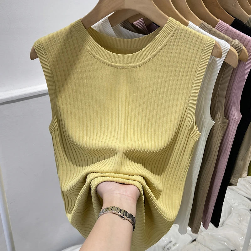 🍒Womens knitted tank tops fine knit vest summer wear for women o-neck sleeveless t-shirt casual clothing Tank Up Your Tops
