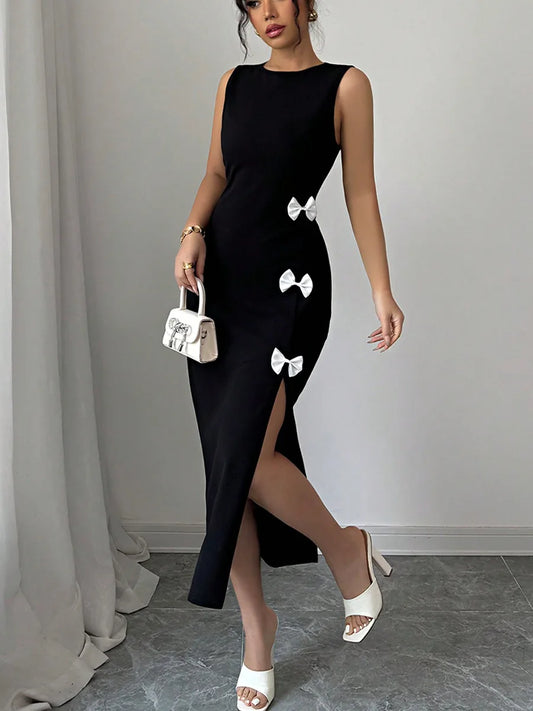 🍒Black dress side bows bodycon with slit midi cocktail outfit women party evening gown occasion fashion Sweet-Edge