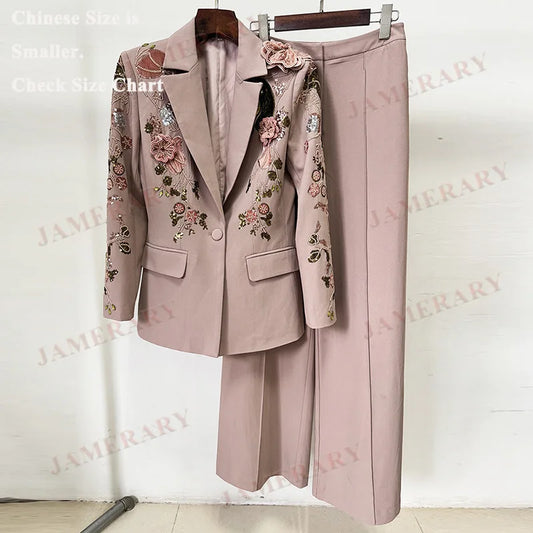 🍒Luxury two piece set womens blazer suit coat beaded 3D flower Jacket plus long wide leg pants suit crystal formal outfits party occasion clothing Don A Diva 3D