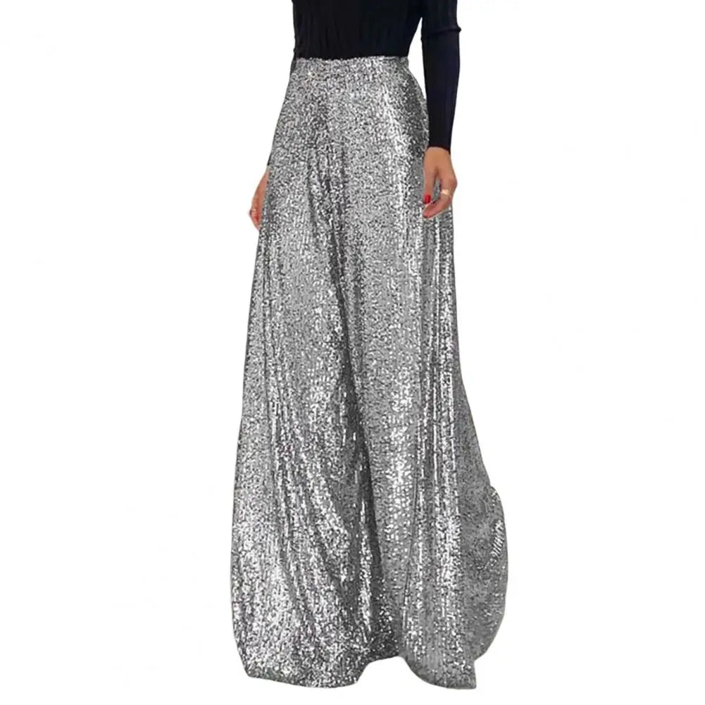 🍒High waist elastic wide leg pants full length womens pants for night club with sequins Loose occasion party weat They Will Take A ComPLETEly WIDE Birth To Appreciate This