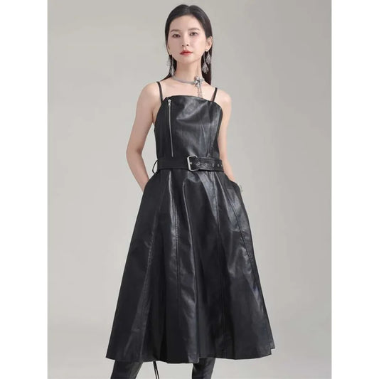 🍒Black faux leather dress spaghetti strap pu outfit with zip front sleeveless belted midi a-line dress party occasion wear sleeveless wear for women Like A Biker
