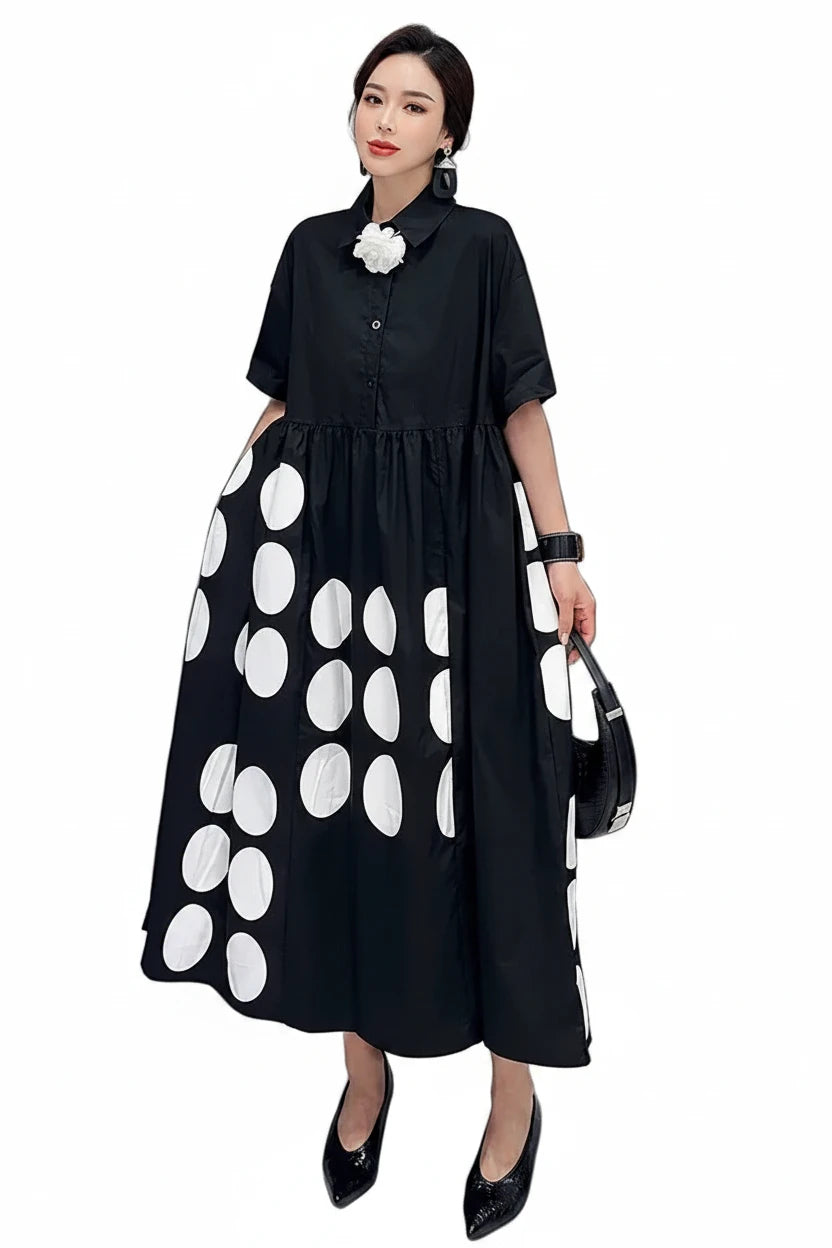🍒Large polka dot printed dress black and white long shirt dress loose fit plus size fashion chic smart casual wear women Say Yes To Dominos