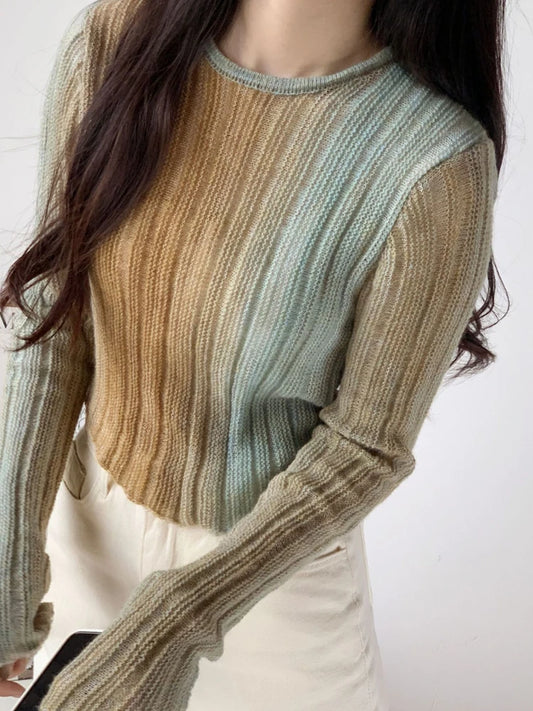 🍒Fashion knit sweaters o-neck gradient jumper fine sweaters cropped spring autumn clothes fashion knitwear for women casual fashion Autumn Assencials