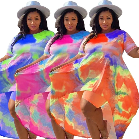 🍒Plus size shorts sets for Women summer holiday two piece tie dye long style top shorts Leggings Outfits Summer Up In Colour