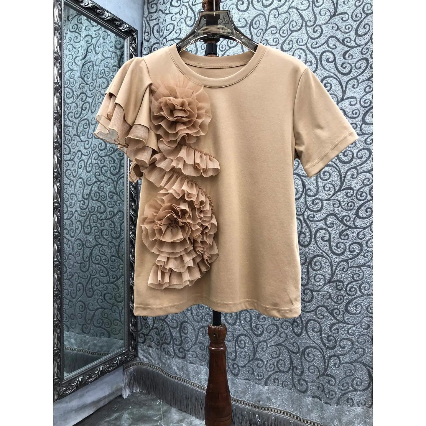 🍒3D flower top with ruffles round neck short sleeved t-shirt smart casual party wear for women Time For A Rosy Lee Te'