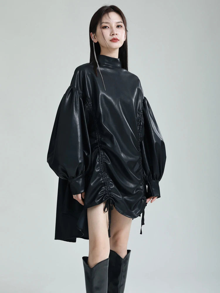 🍒Womens leather top drawstring turtle neck oversize jacket spring autumn fashion long sleeve outwear top smart casual clothing Get Looks In A Leather Look