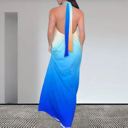 🍒Sleeveless gradient dress Printed evening summer party wear loose tie up halter outfit backless maxi pleated high waist dress Set Your Sight On A Sunset