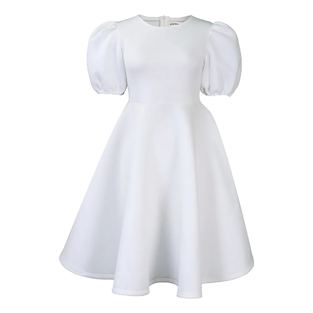 🍒Elegant dresses for woman o neck short sleeve outfit for birthday party high waisted pleated puff sleeves female fashion wear occasion wear evening party wear mid calf luxury B'day Bopper Beauty Babe