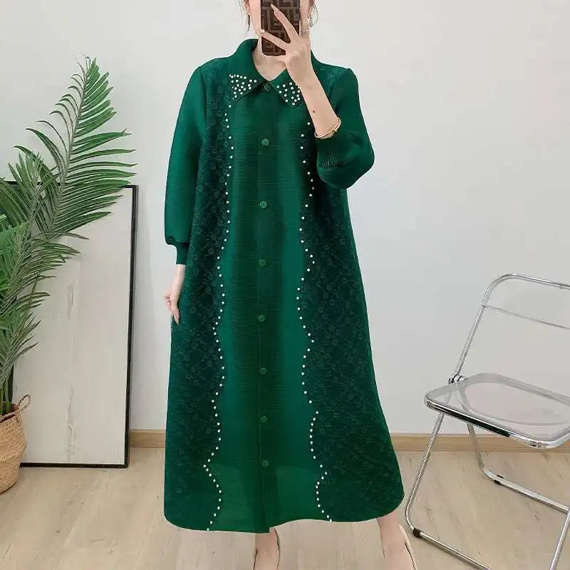 🍒Pleated dress for women spring high-end occasion wear lapel coat outfit loose beaded long sleeve maxi elastic female fashion 6R5109