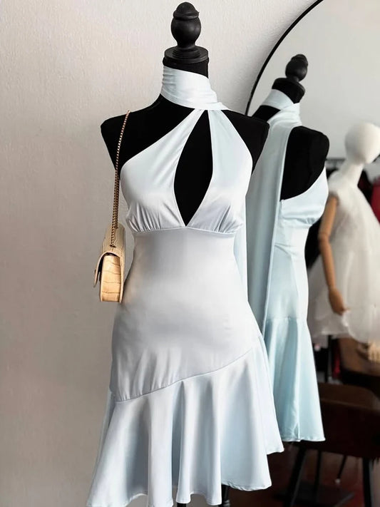 🍒Satin mini dress halter neck backless ruffle dress summer fashion wear sleeveless party wear evening wear Sweetly Shine In Satin