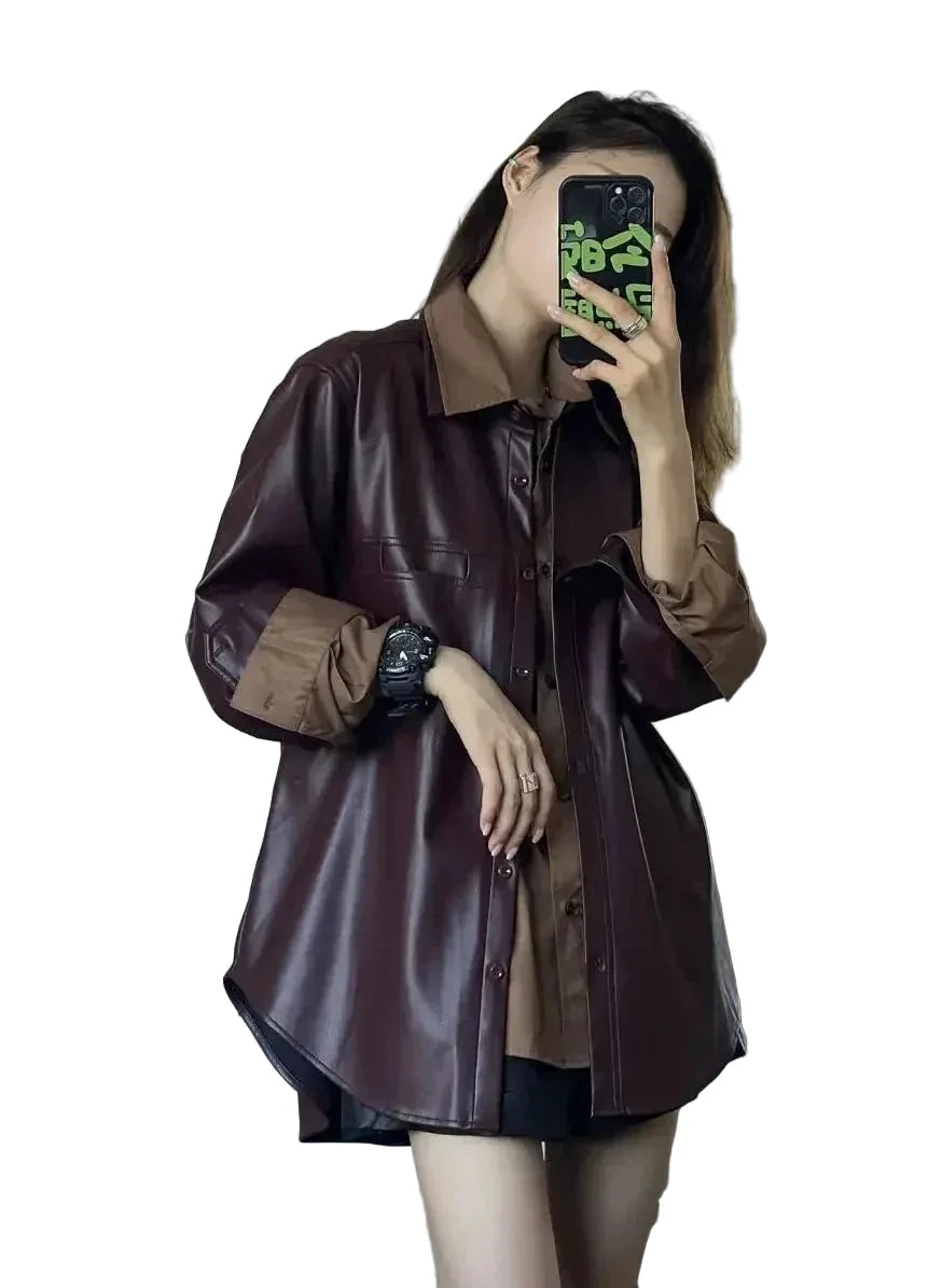 🍒Shirt style jackets faux leather womens oversized outerwear solid single breasted spring/autumn stylish vintage turn-down collar windbreak casual coats chic female clothing Luvly Lazy-Like Leather Look