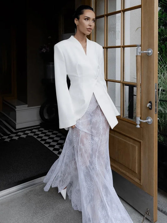 🍒Slim white blazer women button blazer coat for women v-neck long sleeve jacket for office wear office coat slit high waisted outwear Autumn Winter fashion party occasion wear Get wasted In A Waisted