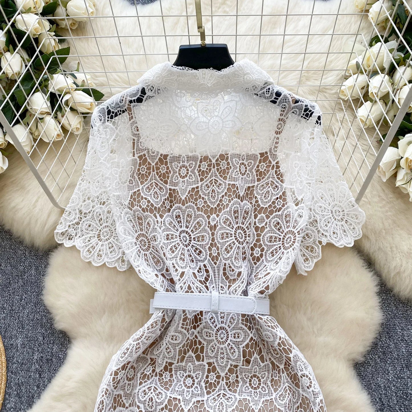 🍒White long lace dress for women short sleeve turn down collar elegant occasion party wedding reception outfit high waist Y2k fashion Lacey Bow Loves This So Will You!