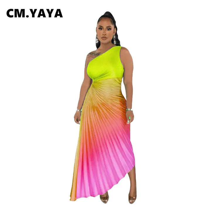 🍒One shoulder midi multicolour gradient printed dress pleated roll waist irregular hem maxi dress big sundial style midaxi outfit Sweet Summer Sundial