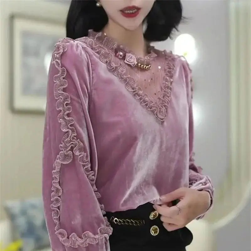🍒Velvet patchwork blouse sweet womens ruffle top puff sleeve shirt vintage style clothing baroque beading sequin luxury lace fashion wear Move Into mauve