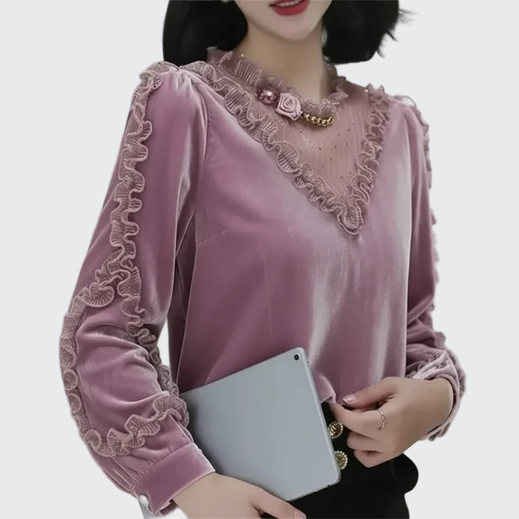 🍒Velvet patchwork blouse sweet womens ruffle top puff sleeve shirt vintage style clothing baroque beading sequin luxury lace fashion wear Move Into mauve