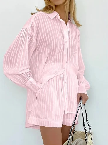 🍒Women's fashion two piece Set outfit striped puff sleeve shirt and shorts matching set casual clothes Feel Cool In This Airy Pair