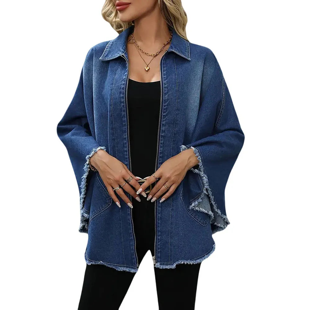 🍒Denim jacket women y2k pocket coat zipper poncho with turn down collar batwing sleeves outerwear loose casual BAT For The DENIM team And WINg