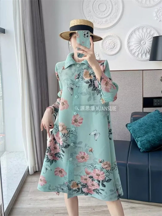 🍒Evening dresses holiday fashion printed spring/summer outfits floral pleated long dress loose fit a-line smart casual clothing women
