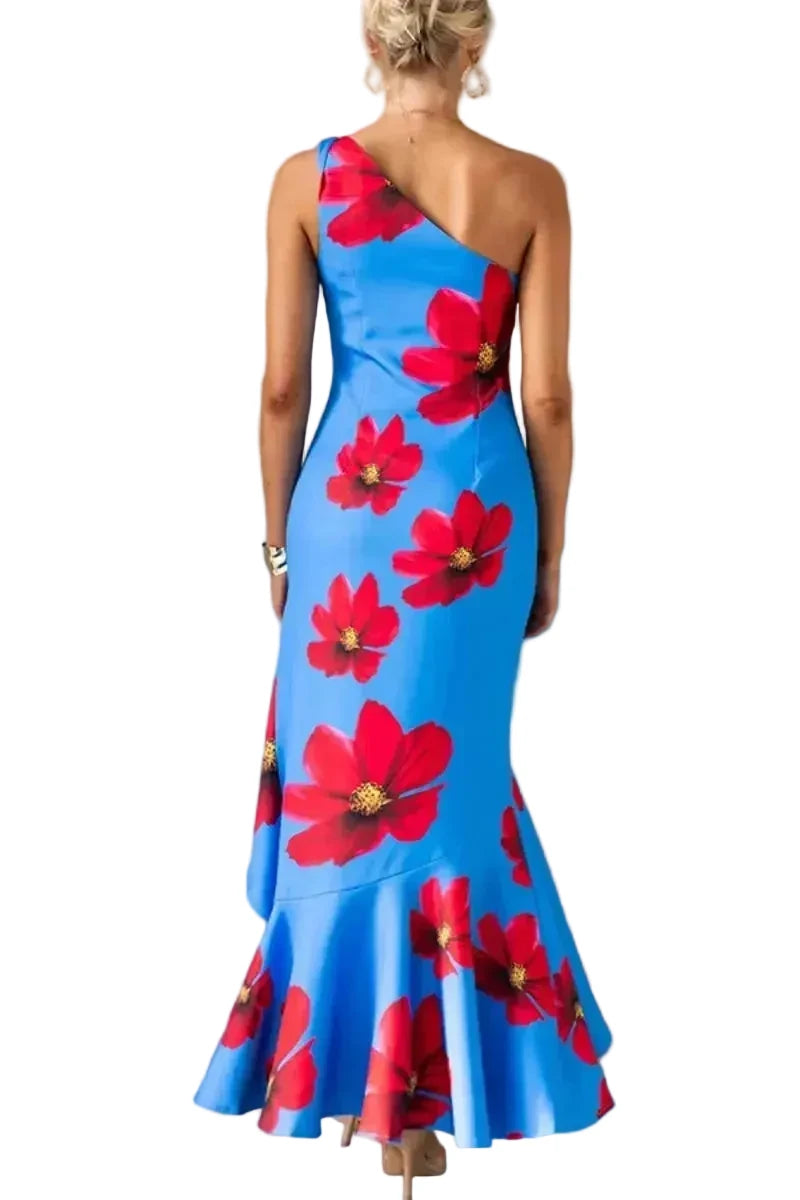 🍒One shoulder sleeveless dress summer fashion for women Irregular bohemian vacation outfits floral print fashion with ruffle hem outfits long No Puff, Get Out Ruffs